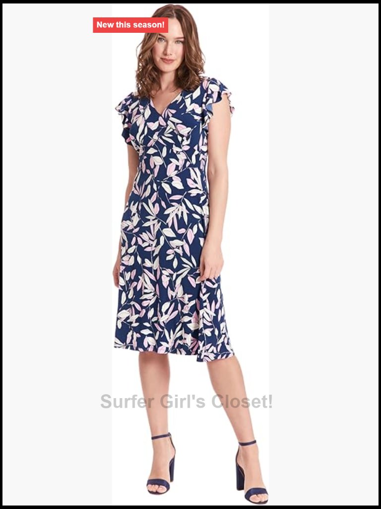 V-Neck Ruffle Sleeve Fit & Flare Dress Leaf Print Below Knee